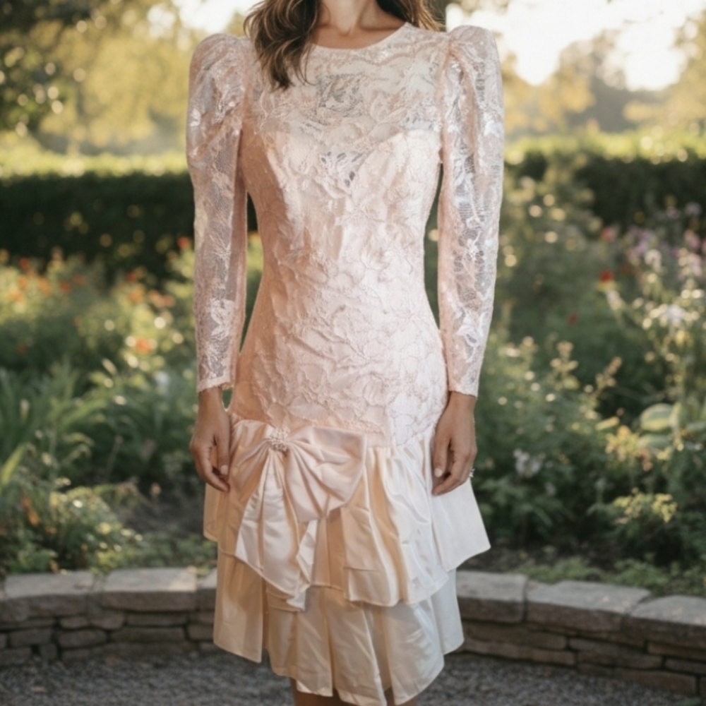 Vintage 1980s Blush Lace Bow Dress